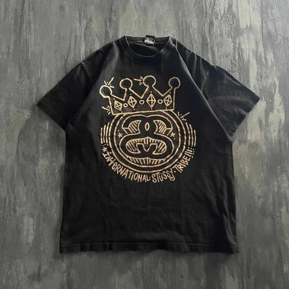 Stussy Black Tee with Gold Crown Graphic